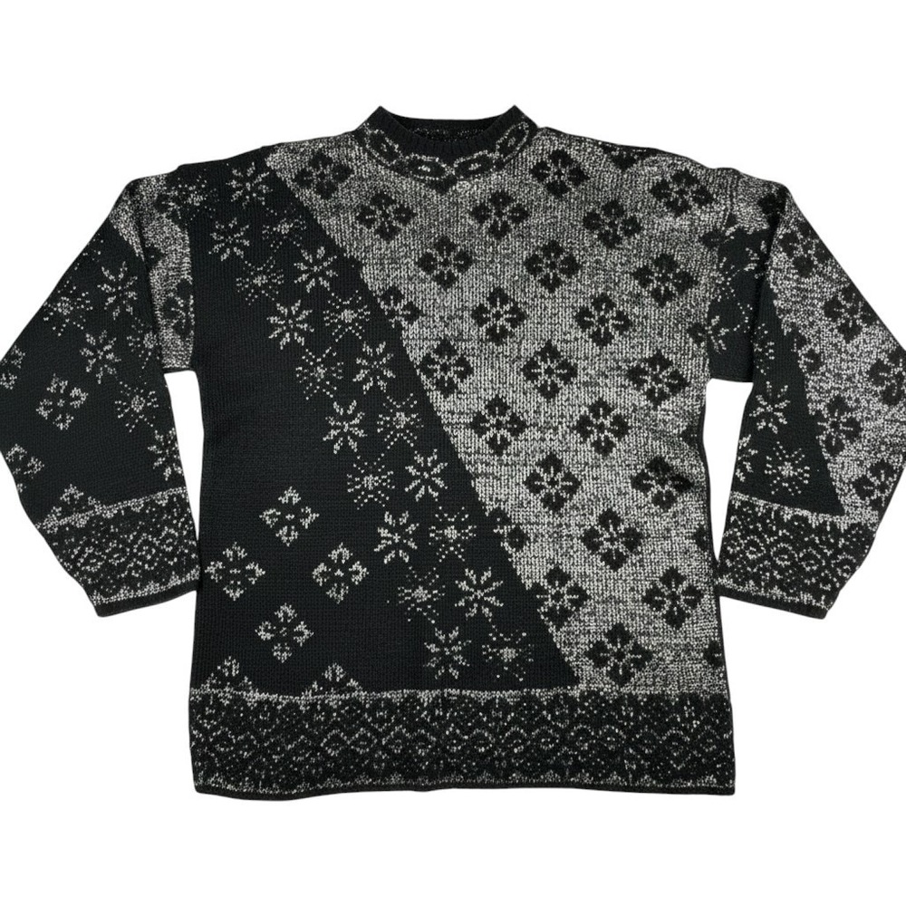 Dana Scott Womens Vintage Black 80s Sparkly Knit Sweater Large Metallic Silver